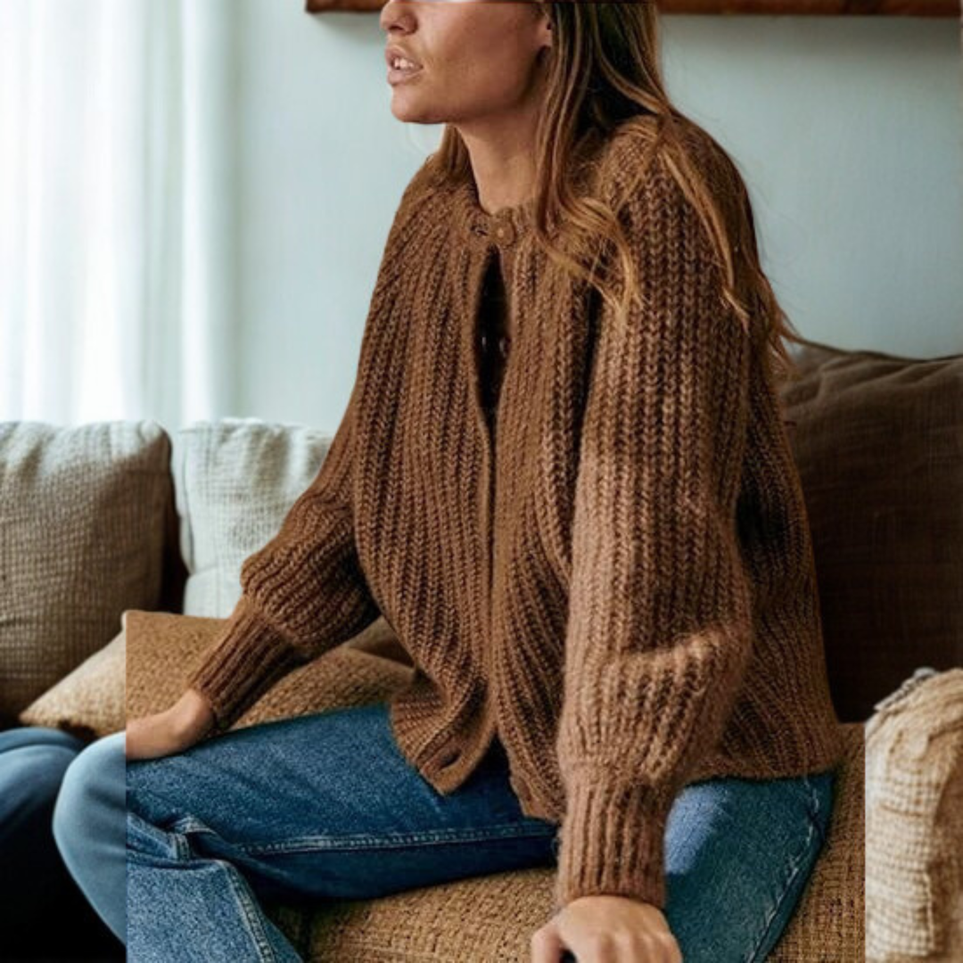 ELOWEN™ - Comfy Plain Button Down Long Sleeve Round Neck Cardigan