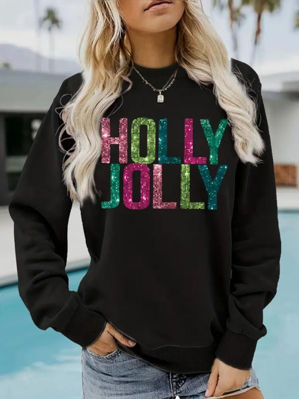 EVA™ - Glitter Letter Print Round Neck Sweatshirt for Fall & Winter